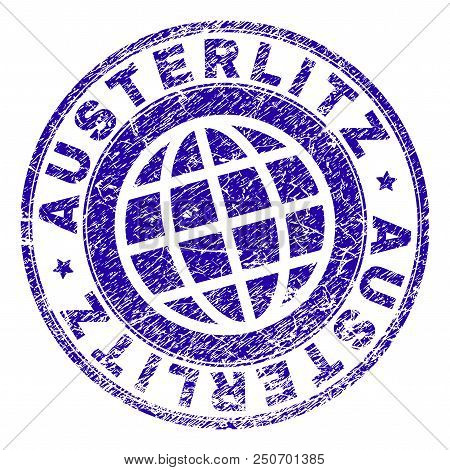 Austerlitz Stamp Imprint With Distress Effect. Blue Vector Rubber Seal Imprint Of Austerlitz Label W