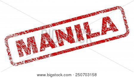 Manila Stamp Seal Print With Grunge Style. Red Vector Rubber Print Of Manila Label With Grunge Textu