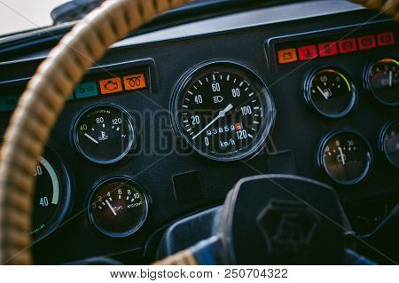 Russia, Novosibirsk - November 23, 2017: Truck Gaz 3309. Cabin Interior Truck