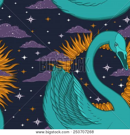Sketch Graphic Illustration Beautiful Seamless Pattern Bird Swan Color With Mystic And Occult Hand D