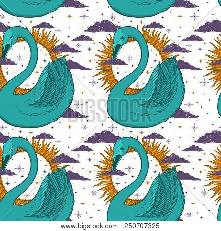Sketch Graphic Illustration Beautiful Seamless Pattern Bird Swan Color With Mystic And Occult Hand D