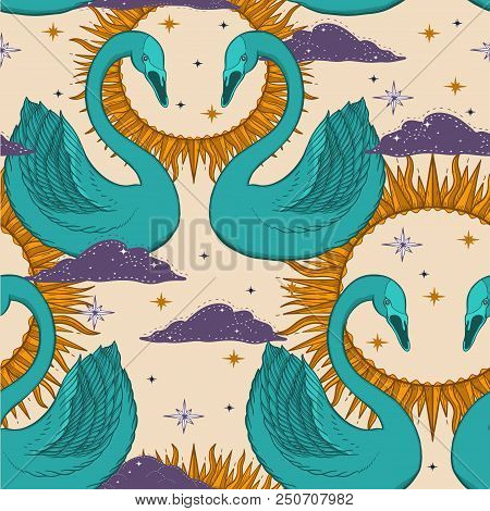 Sketch Graphic Illustration Beautiful Seamless Pattern Bird Swan Color With Mystic And Occult Hand D
