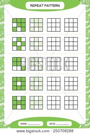 Repeat Green Pattern. Cube Grid With Squares. Special For Preschool Kids. Worksheet For Practicing F