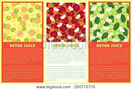 Detox Juice Poster Set Ingredients Refreshing Drink Citrus Fruits, Green Kiwi, Cut Beet Slices, Carr