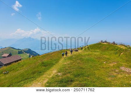 Mt. Rigi, Switzerland - July 19, 2018: People On Mt. Rigi In Switzerland In Summer. Mt Rigi Is A Pop