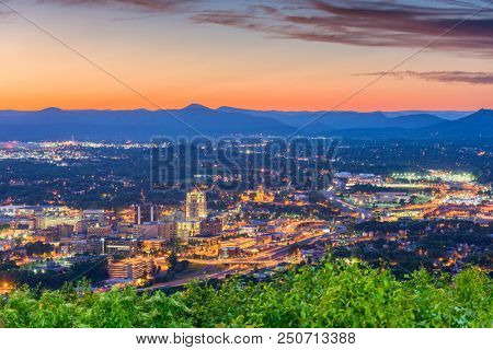 Roanoke, Virginia, USA downtown skyline at dusk.