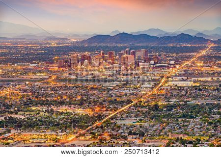 Phoenix, Arizona, USA downtown cityscape at dusk.
