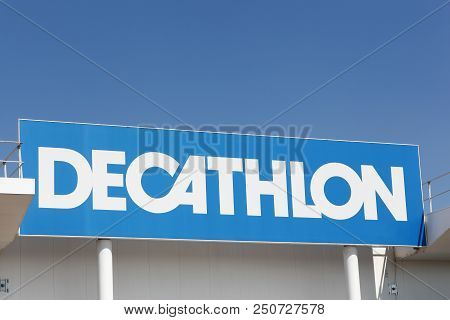 Limonest, France - July 19, 2018: Decathlon Sign On A Wall. Decathlon Is A French Company And One Of