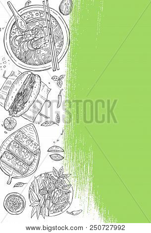Vietnamese Food Flyer Design. Linear Graphic. Vector Illustration. Engraved Style.