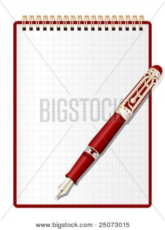 Abierto rojo Bloc de notas y bolígrafo de tinta elegante.
