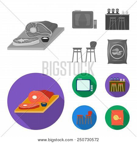 Tv, Bar Counter, Chairs And Armchairs, Potato Chips. Pub Set Collection Icons In Monochrome, Flat St