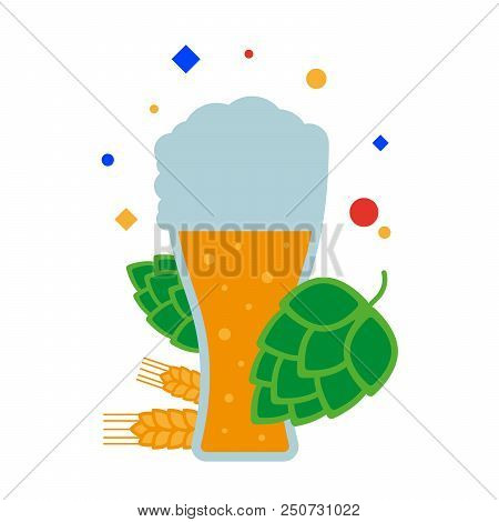 Craft Beer. A Tall Glass Of Beer With Foam, Malt And Hops. Flat Illustration. Separate Objects. Isol