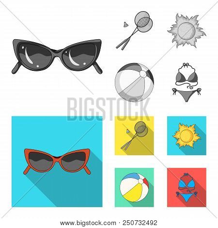 A Game Of Badminton, A Ball And The Sun.summer Vacation Set Collection Icons In Monochrome, Flat Sty