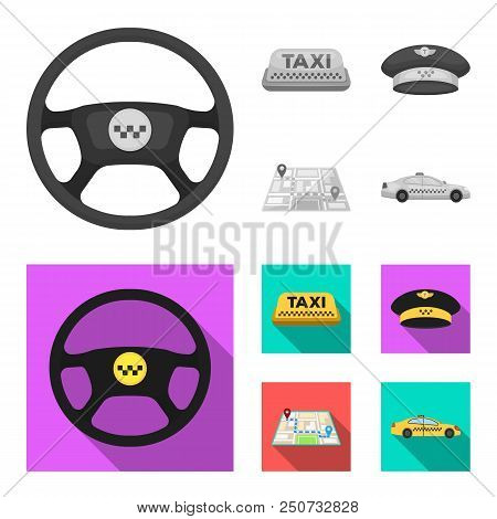Yellow Taxi Inscription, A Cap With A Taxi Badge, A Map With A Mark, A Car With Checkers. Taxi Set C