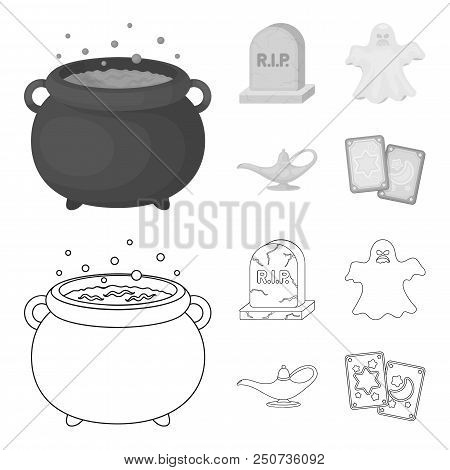 A Witch Cauldron, A Tombstone, A Ghost, A Gin Lamp.black And White Magic Set Collection Icons In Out