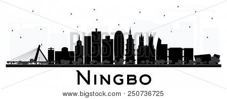 Ningbo China City Skyline with Black Buildings Isolated on White. Business Travel and Tourism Concept with Historic Architecture. Ningbo Cityscape with Landmarks.