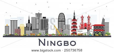 Ningbo China City Skyline with Color Buildings Isolated on White. Business Travel and Tourism Concept with Historic Architecture. Ningbo Cityscape with Landmarks.