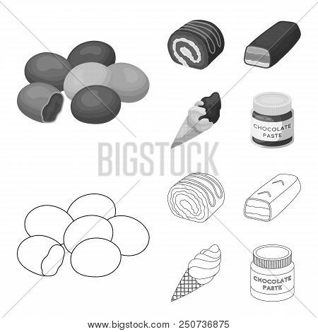 Dragee, Roll, Chocolate Bar, Ice Cream. Chocolate Desserts Set Collection Icons In Outline, Monochro