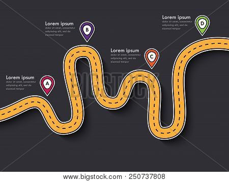 Road Trip And Journey Route. Business And Journey Infographic Design Template With Pin Pointer And P