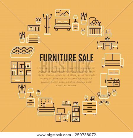 Furniture Sale Banner Illustration With Flat Line Icons. Living Room, Bedroom, Home Office Chair, Ki