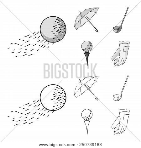 A Flying Ball, A Yellow Umbrella, A Golf Club, A Ball On A Stand. Golf Club Set Collection Icons In 