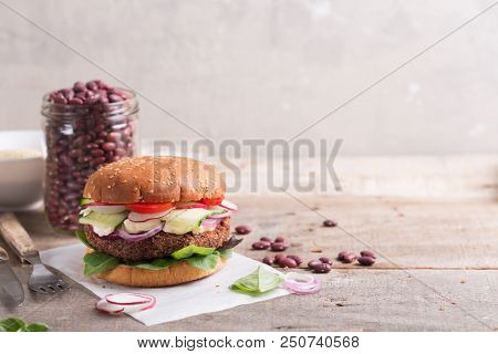 Veggie Bean And Quinoa Burger With Fresh Vegetables