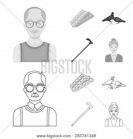 Elderly Men, Tablets, Pigeons, Walking Cane.old Age Set Collection Icons In Outline, Monochrome Styl