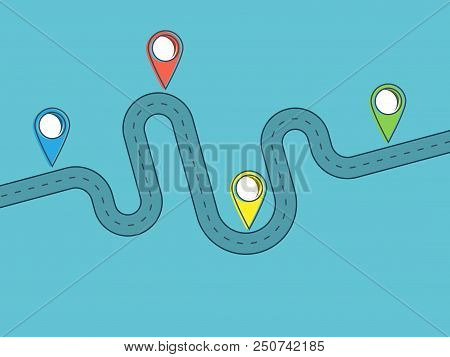 Road Trip And Journey Route. Journey Infographic Flat Design Template With Pin Pointer. Winding Road