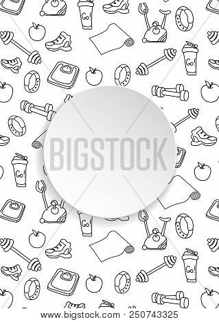 Fitness Banner With Hand Drawn Gym Pattern And 3d Paper Plate. Doodle Icons For Healthy Workout And 