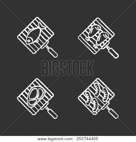 Barbecue Chalk Icons Set. Bbq. Hand Grills With Fish, Chicken Drumsticks, Meat Steak And Sausages. I