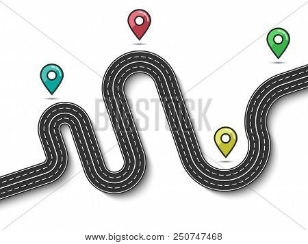 Road Way Location Infographic Template With Pin Pointer. Winding Road On A Colorful Background. Styl