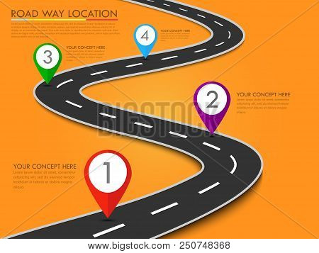 Road Way Location Infographic Template With Pin Pointer. Vector Background