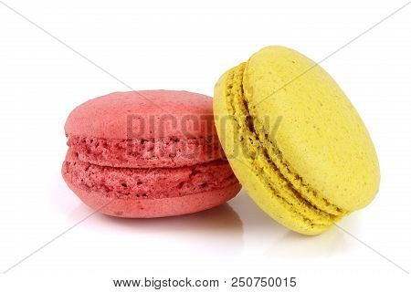 Yellow And Red Macaroon Isolated On White Background Closeup.