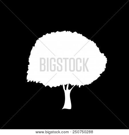 White Silhouette Of Foliar Tree Icon Isolated On Black Background. Vector Illustration, Sign, Symbol