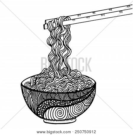 Doodle Noodle At Bowl And Stick. Hand Drawing