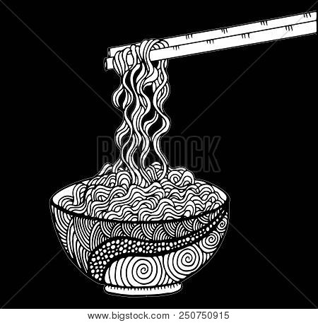 Doodle Noodle At Bowl And Stick. Hand Drawing