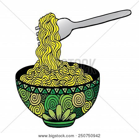 Doodle Noodle At Bowl And Fork. Hand Drawing