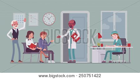 Patients Waiting For Doctor Appointment. Many People In Office On Arrangement To Meet, Visit Physici