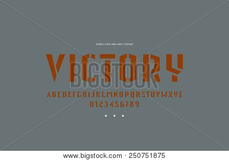Stencil-plate Sans Serif Font In Military Style. Letters And Numbers For Logo And Emblem Design
