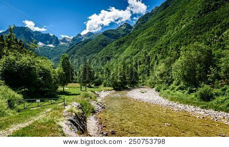 Idyllic Mountain River In Lepena Valley, Soca - Bovec Slovenia.