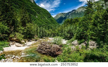 Idyllic Mountain River In Lepena Valley, Soca - Bovec Slovenia.