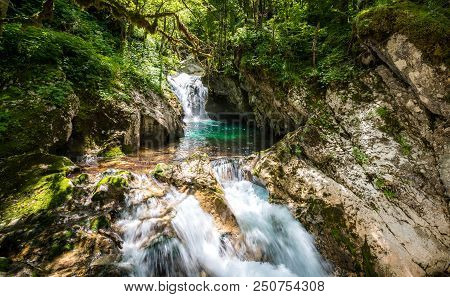Idyllic Mountain River In Lepena Valley, Soca - Bovec Slovenia.