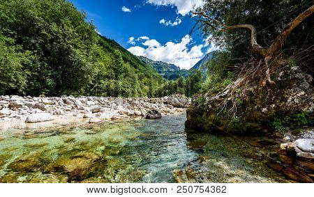 Idyllic Mountain River In Lepena Valley, Soca - Bovec Slovenia.