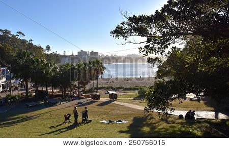 Shelly Beach And Cabbage Tree Bay Aquatic Reserve At Manly With Sand And Tasman Sea. People Relaxing