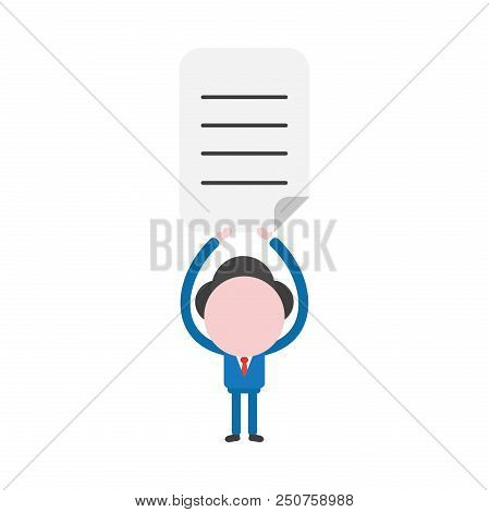 Vector cartoon illustration concept of faceless businessman mascot character holding written paper symbol icon.