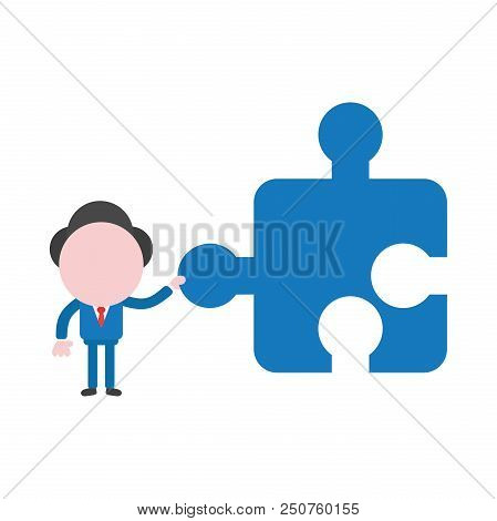 Vector Cartoon Illustration Concept Of Faceless Businessman Mascot Character Holding Blue Jigsaw Puz