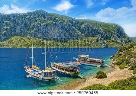 Camellia Island Beach Background Against Clear Blue Sky On Sunny Day, Hisaronu Bay, Aegean Sea, Turk