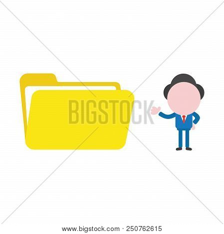 Vector Cartoon Illustration Concept Of Faceless Businessman Mascot Character Showing Yellow Open Fol
