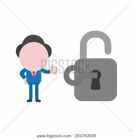 Vector Cartoon Illustration Concept Of Faceless Businessman Mascot Character Unlock Padlock Symbol I