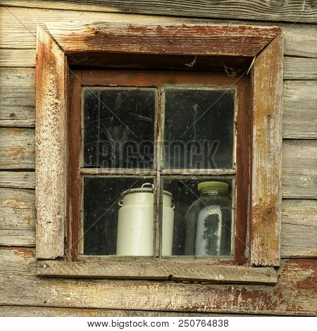 Old Weathered Rough Wooden Wall With Dirty Window. Natural Vintage Dirty Texture. Specially Preserve